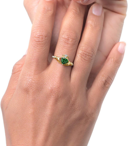 10K Yellow Gold Green Simulated Emerald and Diamond Accent Irish Celtic Claddagh Ring for Women (0.74 Cttw, Available in Size 5, 6, 7, 8, 9)