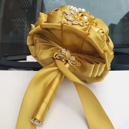 Private Custom 18CM Wedding Bouquet Luxury Gold Crystal Brooch Bride Bouquet Pure Handmade Silk Rose Ribbon Wedding Bride Holding Flowers Multi-Color Optional