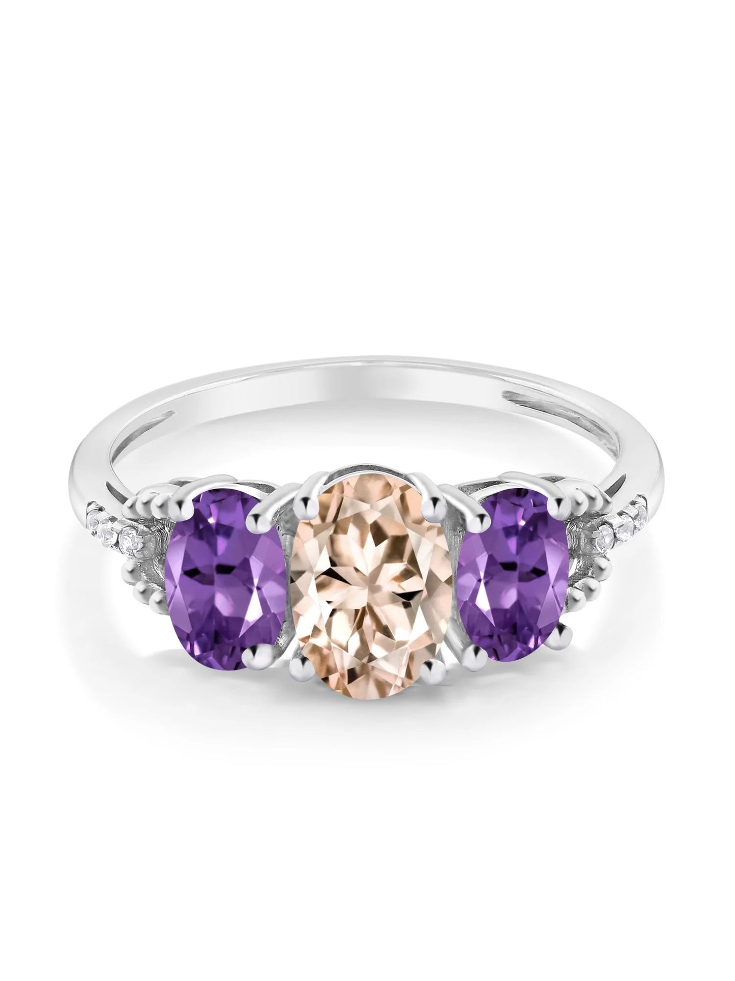 10K White Gold 3-Stone Diamond Engagement Ring 1.57 Ct Oval Peach Morganite Purple Amethyst