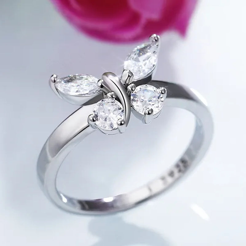 "If you are in full bloom, the butterfly will come" luxury silver crystal butterfly ring cubic zirconia exquisite bridal wedding party ring fashion jewelry (size: 5-11)