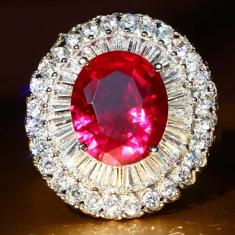Luxurious  Silver Natural Gemstones Ruby And White Sapphire Wedding Birthstone Bride Engagement Multilevel Square Ring Jewelry Size 6 7 8 9 10
