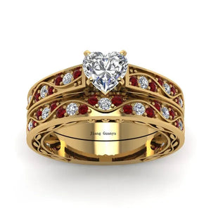 Sz 6-9 Cocktail Ring Champagne Gold Heart Zircon Ruby Women's Wedding Ring Engagement Ring Sets