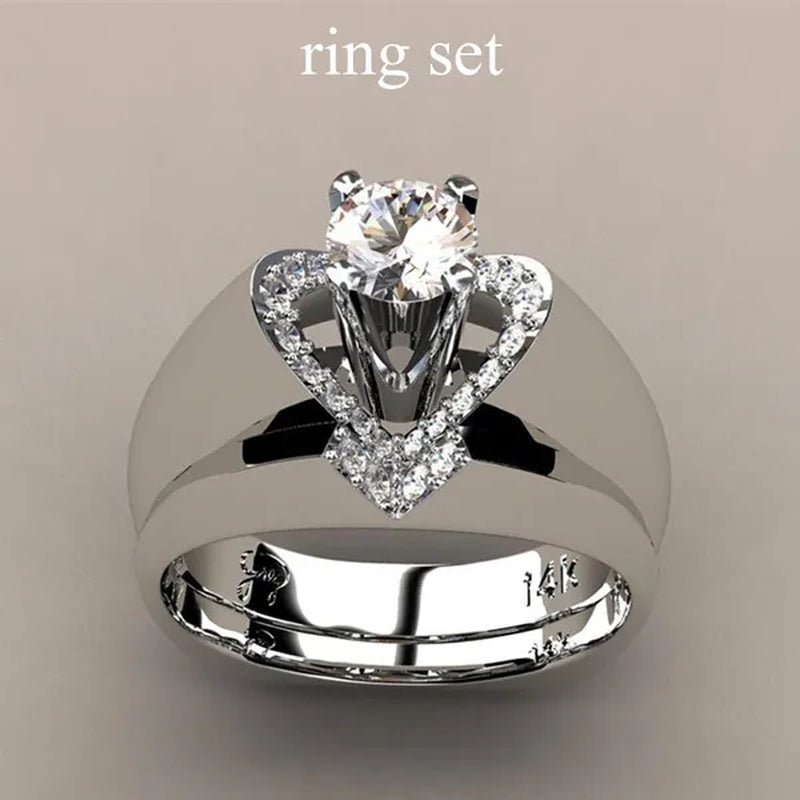 New Fashion Creative Exquisite Women'S Heart Shaped Simulation Zircon Ring Set Engagement Ring Set