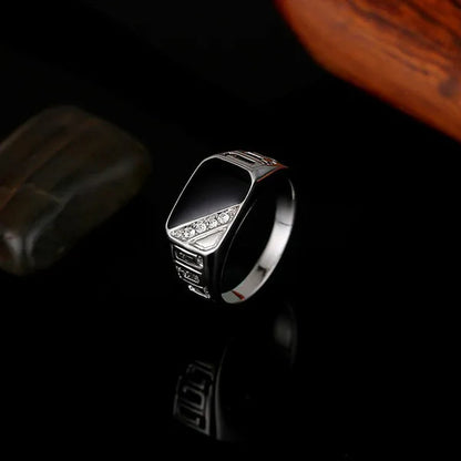 Classic Men's Punk Black Square Fashion Men's Ring Surface Classic Pattern Fashion Silver Plated Ring Size 6-12