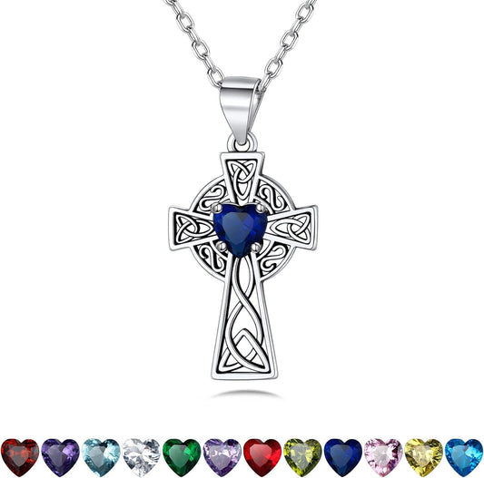 Vintage 925 Sterling Silver Celtic Cross/Triquetra Necklace with 12 Month Heart Gemstone, Dainty Heart Birthstone Necklace Faith Irish Amulet Lucky Jewelry Birthday Gift for Women Girls…