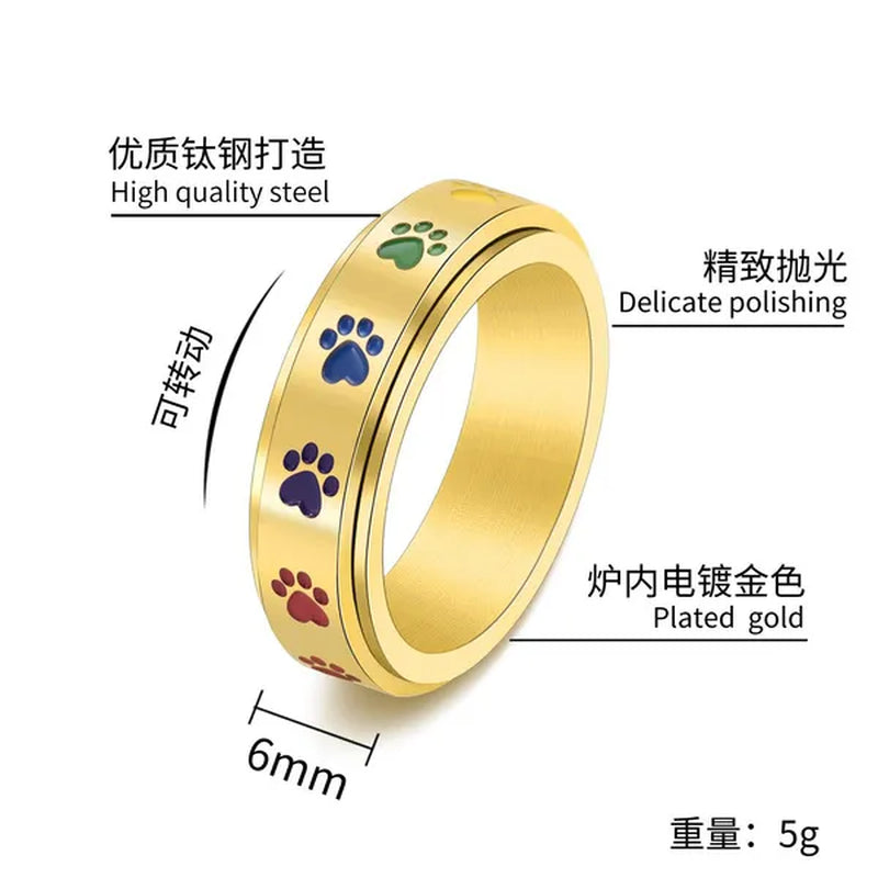 Women Men Multicolor Cartoon Cute Dog Footprints Spinner Ring Gay Lesbian LGBT Pride Stainless Steel Rainbow Color Cat Claw Paw Prints Rotatable Rings Engagement & Wedding Band Size 6-12 Black / Silver / Gold / Rose Gold