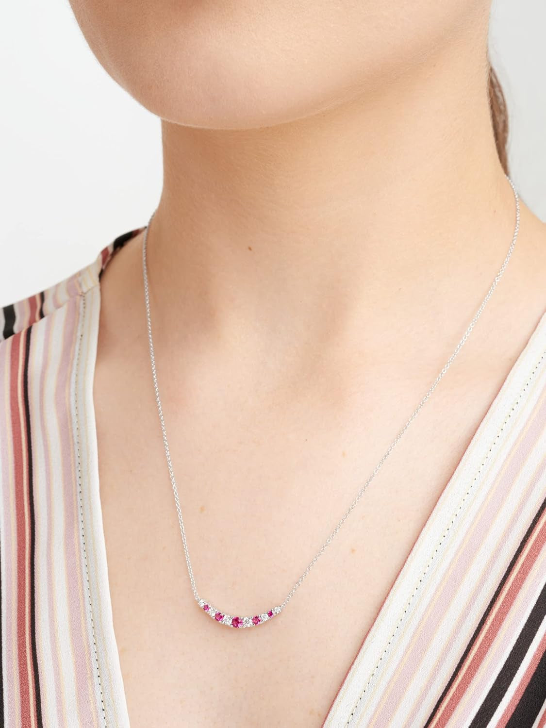 0.22 Cttw Lab Grown Diamond and Gemstone 925 Sterling Silver Curved Cluster Bar Pendant Necklace (H-I Color, I1 Calarity)