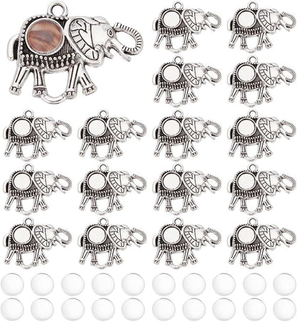 40Pcs Elephant Pendant Trays, 20Pcs Animal Photo Charms Blank Bezel with 20Pcs Transparent Glass Cabochon Dome Tiles Memorial Photo Pendant for Seaside Wedding Graduation Jewelry Making