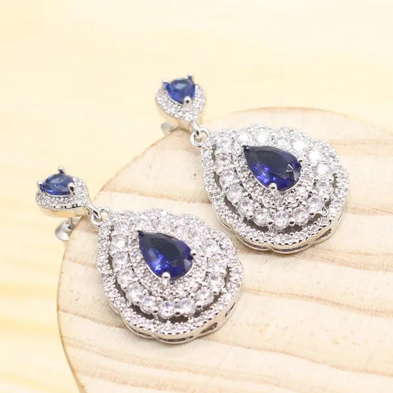925 Silver Royal Blue Zirconia Wedding Jewelry Set for Women Heart Shape Necklace Pendant Ring Earrings Bracelet S Gift Box