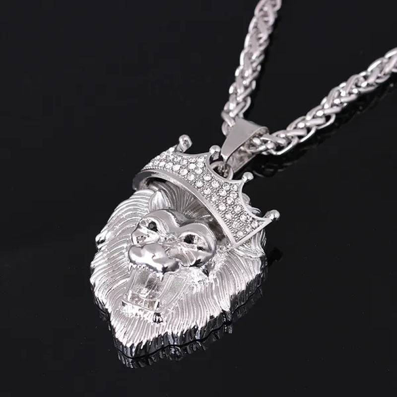 Titanium Steel Diamond Crown Lion Head Necklace Hip Hop Luminous Necklace Men's Gold-plated Punk Party Pendant Necklace