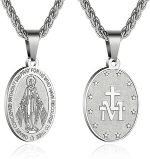 Virgin Mary Necklace for Men Boys Miraculous Medal Stainless Steel Mary Mother of God Pendant De La Virgen Maria Medallion Holy Mary Charm