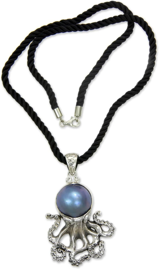 Artisan Handmade Cultured Freshwater Pearl Pendant Necklace .925 Sterling Silver on Silk Dyed Blue Cord Indonesia Animal Themed Birthstone 'Blue Octopus'