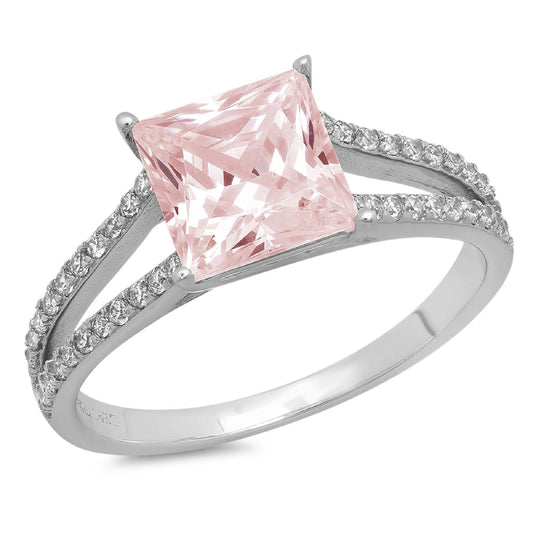 2.44 Ct Brilliant Princess Cut Simulated Pink Diamond 14K White Gold Solitaire with Accents Ring SZ 4.5