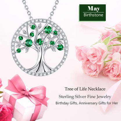 Tree of Life Necklace for Women May June Birthstones Emerald Pearl Necklace for Wife Birthday Gifts for Mother S925 Sterling Silver