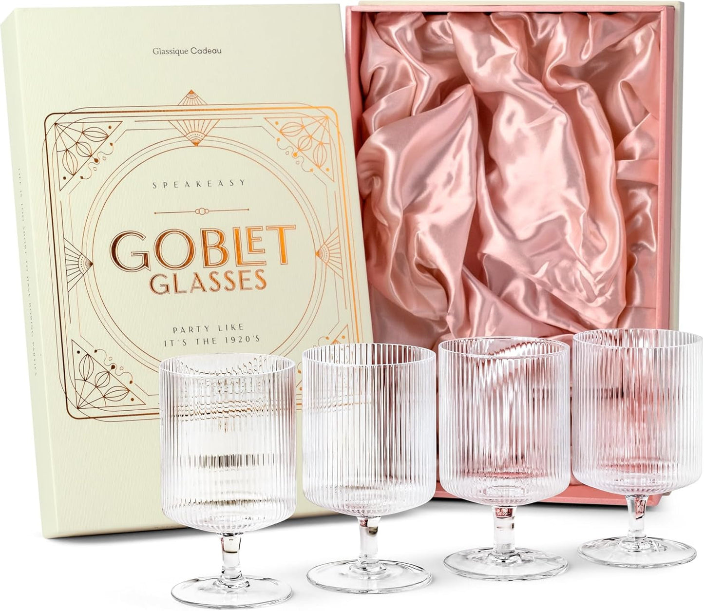 Vintage Art Deco Ribbed Goblet Cocktail Glasses with Stem | Set of 4 | 10 Oz Short Stemmed Crystal Tumblers for Drinking Classic Whiskey, Gin, Vodka Bar Drinks