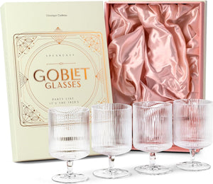 Vintage Art Deco Ribbed Goblet Cocktail Glasses with Stem | Set of 4 | 10 Oz Short Stemmed Crystal Tumblers for Drinking Classic Whiskey, Gin, Vodka Bar Drinks