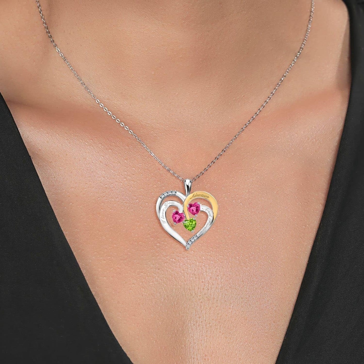 2 Tone Pink Created Sapphire and Green Peridot Created Moissanite `I Love You Always and Forever` Engraved Pendant Necklace for Women (1.70 Cttw, Heart Shape 5MM, 18 Inch Chain)