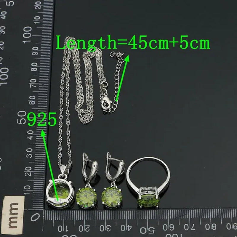 925 Sterling Silver Jewelry Set Olive Green Cubic Zirconia Retro Earrings Ring Pendant Necklace Bracelet 4Pcs for Bride