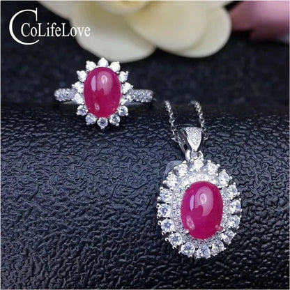 Classic ruby ring pendant jewelry set for party 6 mm *8 mm Cabochon cut ruby jewelry set solid 925 silver ruby jewelry girl gift