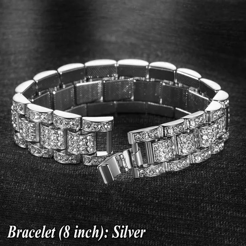 Fashion Men 24K Gold / 925 Silver Plated Solid Stainless Steel Bracelet Iced DIAMOND Link Chain Bracelet 7/8 Inch