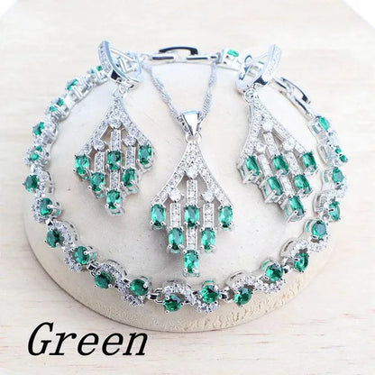 Blue/Red/Green/Purple Zircon 925 Silver Jewelry Set For Women