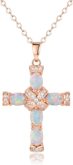 18K Gold Plated Created Opal Cross with Chain, 18 Inches with 2 Inches Extension