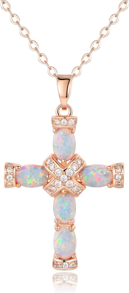 18K Gold Plated Created Opal Cross with Chain, 18 Inches with 2 Inches Extension