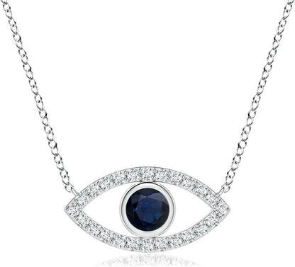 Natural Blue Sapphire Evil Eye Pendant Necklace in 14K Solid Gold for Women, Girls | September Birthstone Jewelry Gift for Her |Wedding | Anniversary | Engagement