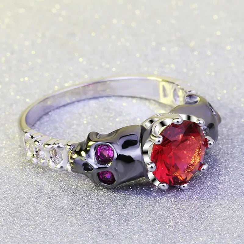 Punk Rose Red CZ Black Skull Head 925 Sterling Silver Ring for Women Girl Size 5-10