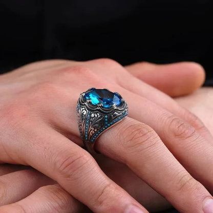 European and American Hot Selling Sapphire Retro Rings for Men, Antique Silver Inlaid Sapphires with Diamonds Luxury Fashion Men's Retro Rings, Classic Atmosphere, Party Business Casual Jewelry, Wedding Accessories, Anniversary Gifts
