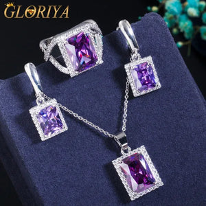 Gloriya Elegant Purple CZ Square Pendant Chain Necklace Earrings and Ring Set Women Fashion Silver Plated Jewellery Sets for Best Gifts