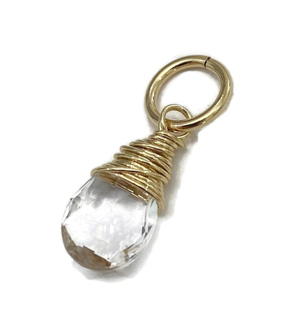 Gold April Birthstone Charm for Necklace or Bracelet - Small Wire Wrapped Crystal Quartz Briolette Pendant