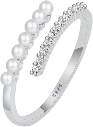 Pearl Rings for Women Dainty 925 Sterling Silver Gold Pearl Ring Stackable CZ Adjustable Open Wrap Ring Fashion Statement Wedding Band Ring Jewelry Birthday Summer Ocean Gifts for Her