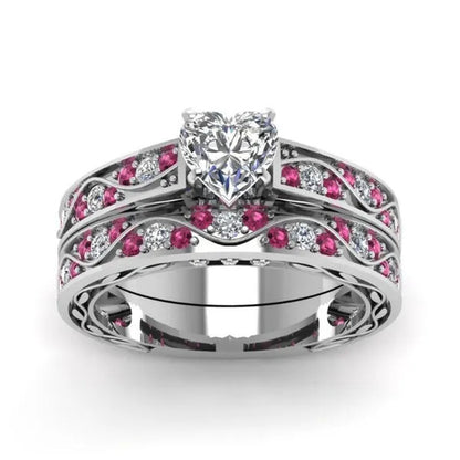 Cocktail Ring Heart CZ Ruby 10KT White Gold Filled Women'S Wedding Ring Sets Sz6-9
