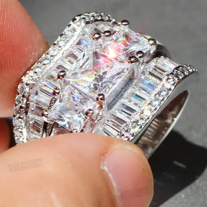 Luxury  Silver White Sapphire Flower Ring Natural Gemstones Birthstone Engagement Rings Wedding Anniversary Bride Women Man Princess Cross Ring Size 6 7 8 9 10