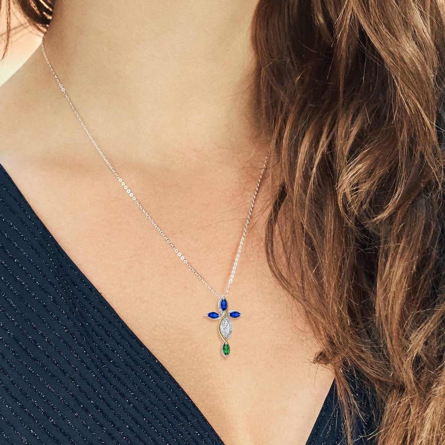 Cross Necklace for Women in 925 Silver and 10K Yellow Gold with Moissanite and Created Sapphire and Nano Emerald | 1.47 Cttw | Jesus Christian Religious Crucifix | Marquise 8X4MM | 18 Inch Chain