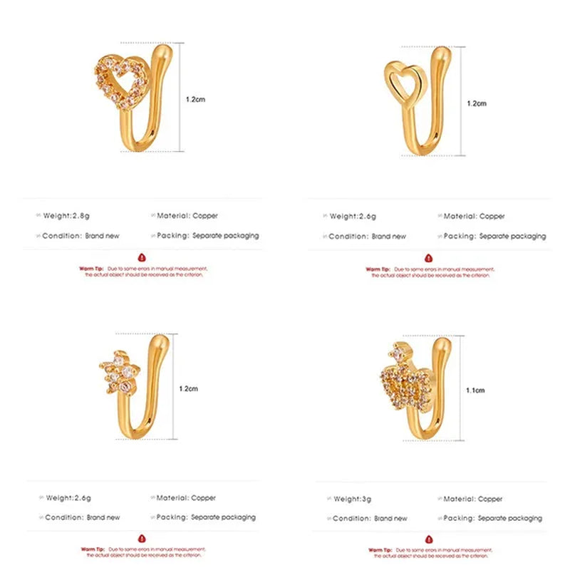 1 PC Crystal Diamond Zircon Star Heart Moon Fake Piercing Nose Ring Copper Spiral Non Piercing Clip on Nose Ring Ear Clips Cuff Fashion Body Jewelry - WORLD TIME VISITS