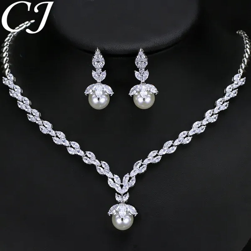 CANDICE Elegant Bridal Accessories AAA Cubic Zirconia with round White Pearl Pendant Necklace Earrings Wedding Jewelry Sets for Women
