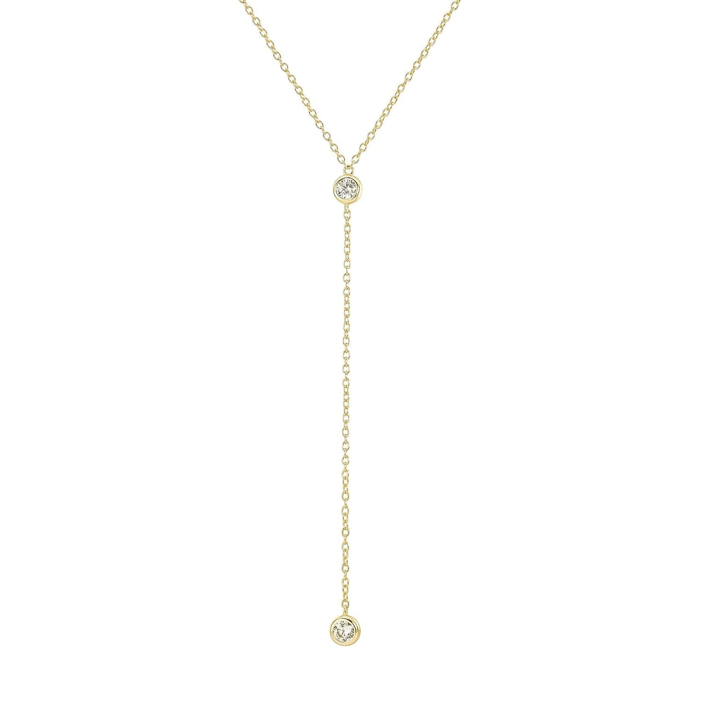 14K Gold Vermeil Lariat Necklace with 2 CZ Diamond in a 3.25" Dainty Drop Pendant, 16" - 19" Gold Dipped Sterling Silver Long Necklace for Women