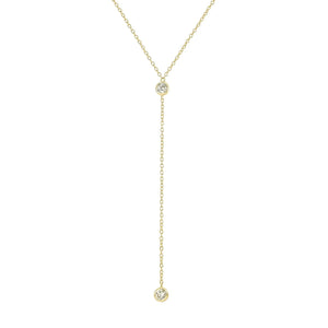 14K Gold Vermeil Lariat Necklace with 2 CZ Diamond in a 3.25" Dainty Drop Pendant, 16" - 19" Gold Dipped Sterling Silver Long Necklace for Women
