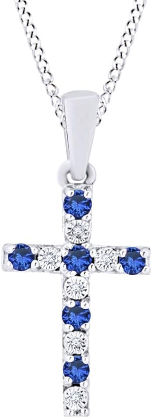 Round Cut Simulated Blue Sapphire Natural Diamond Accent Cross Pendant in 925 Sterling Silver
