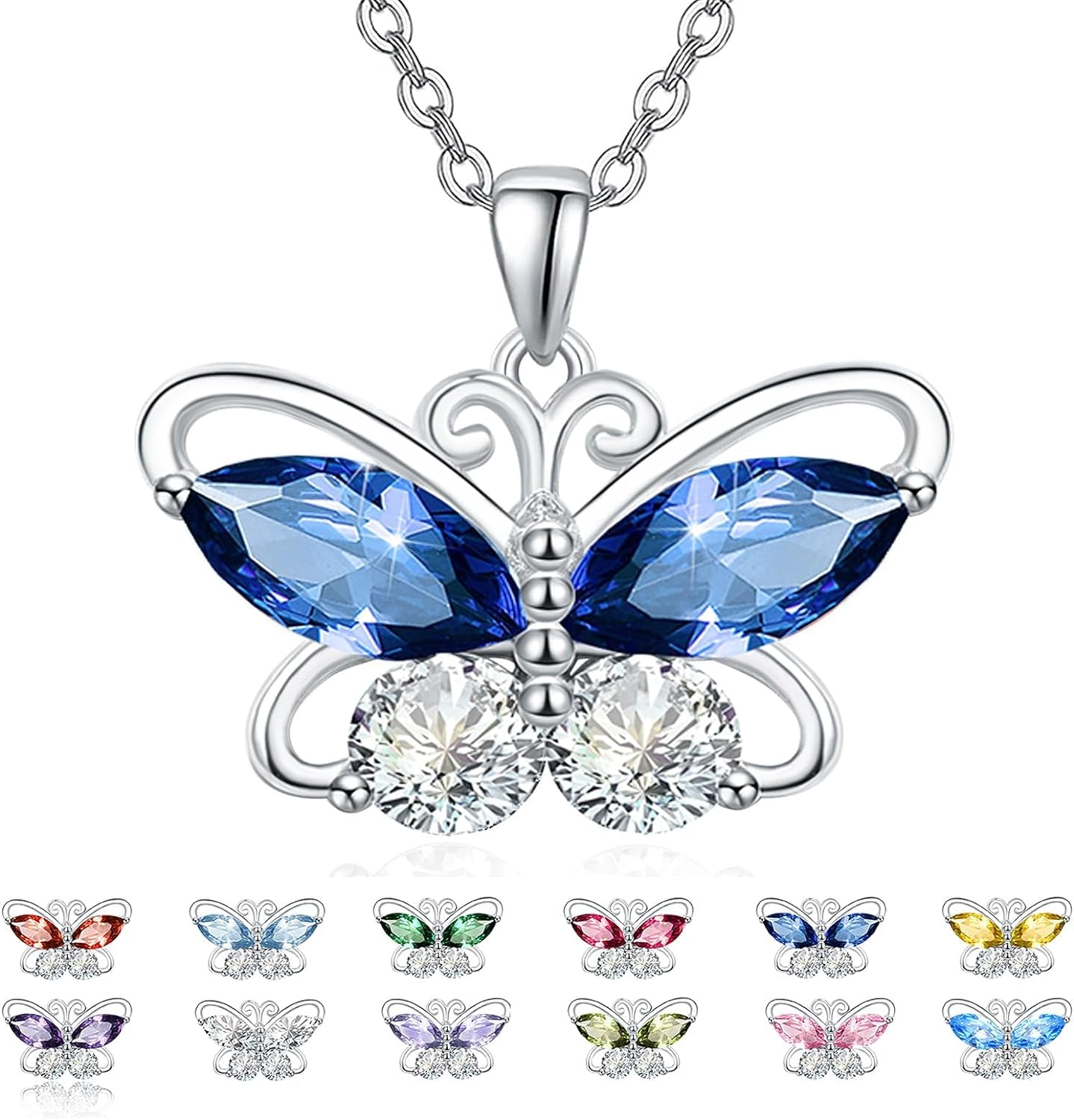 12 Birthstone Butterfly Pendant Necklace for Women Girls 925 Sterling Silver Cubic Zirconia Butterfly Jewelry Christmas Wedding Birthday Gifts for Mom Wife Daughter
