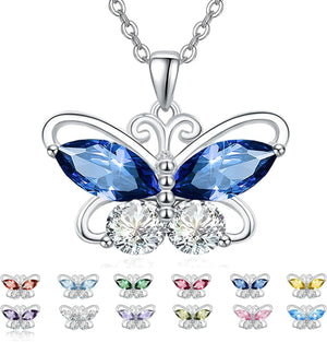 12 Birthstone Butterfly Pendant Necklace for Women Girls 925 Sterling Silver Cubic Zirconia Butterfly Jewelry Christmas Wedding Birthday Gifts for Mom Wife Daughter