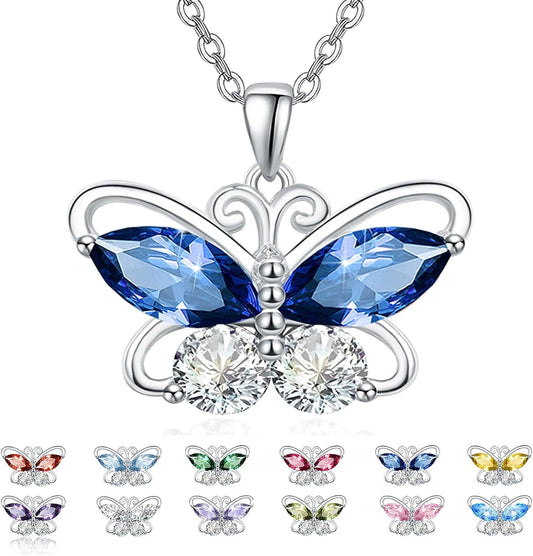 12 Birthstone Butterfly Pendant Necklace for Women Girls 925 Sterling Silver Cubic Zirconia Butterfly Jewelry Christmas Wedding Birthday Gifts for Mom Wife Daughter