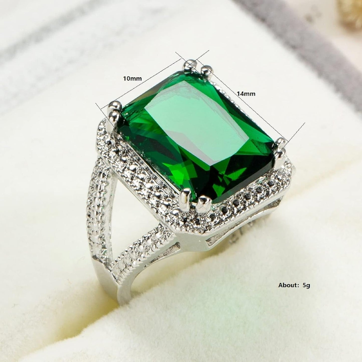 Emerald Halo 925 Sterling Silver Emerald Ring Cocktail Rings Square Cut Green Gem Cubic Zirconia Anniversary Promise Ring CZ Eternity Engagement Wedding Band Ring for Women (7)