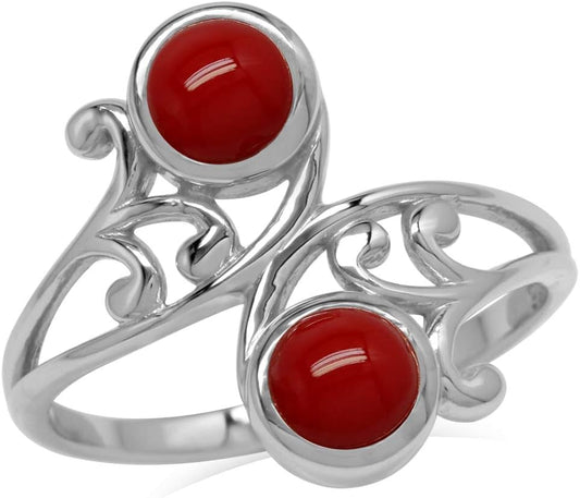 5Mm Created round Shape Red Coral 925 Sterling Silver Leaf and Swirl Style Bypass Ring Size 8