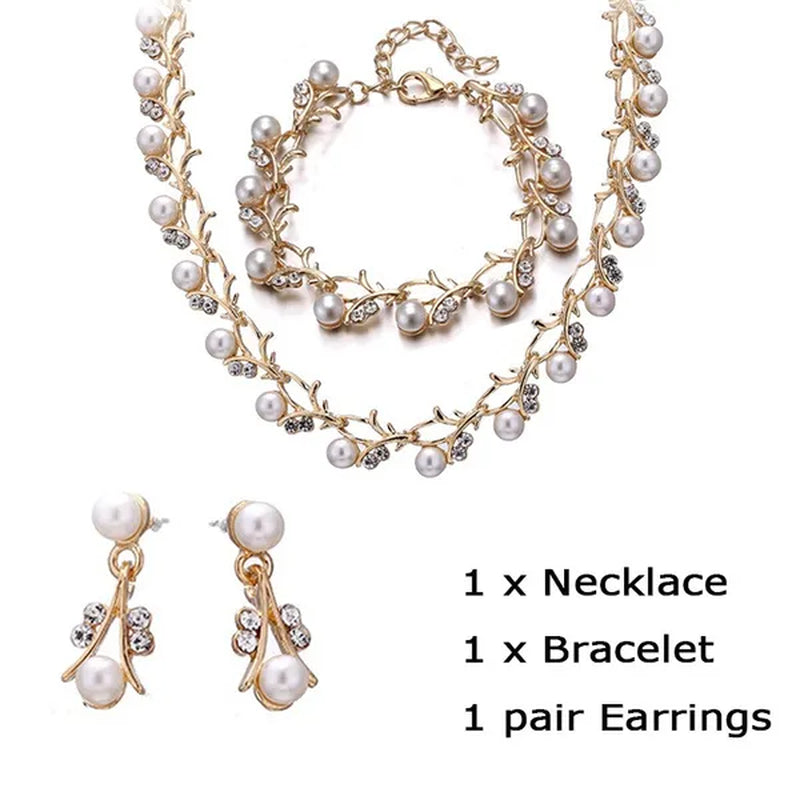 Elegant 3Pcs/Set Party Gift Wedding Bridal Jewelry Diamond Imitation Pearl Necklace Earring Sets