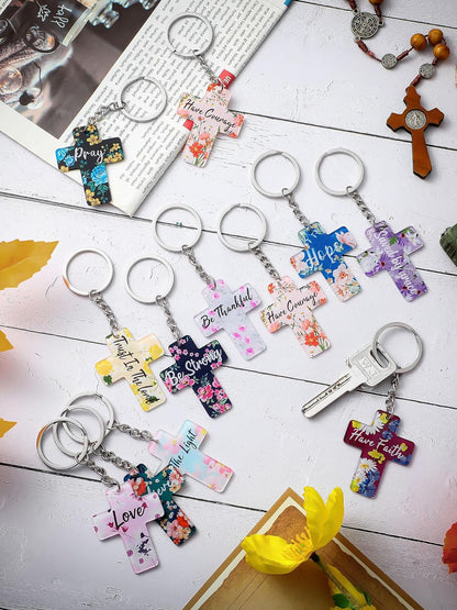 120 Pcs Bible Verse Keychains Christian Key Rings Cross Keychains Inspirational Acrylic Religious Key Rings Floral Bible Verse Jewelry for Women Men Girls Boys