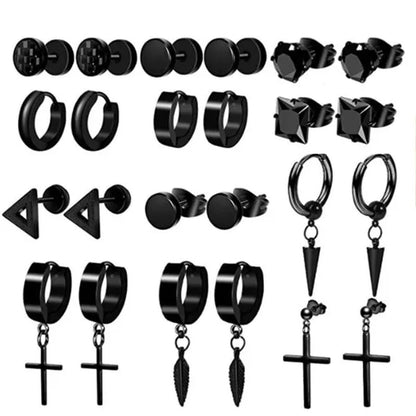 12 Pairs Set Stainless Steel Cross Stud Hoop Earrings Black Piercing Jewelry Men