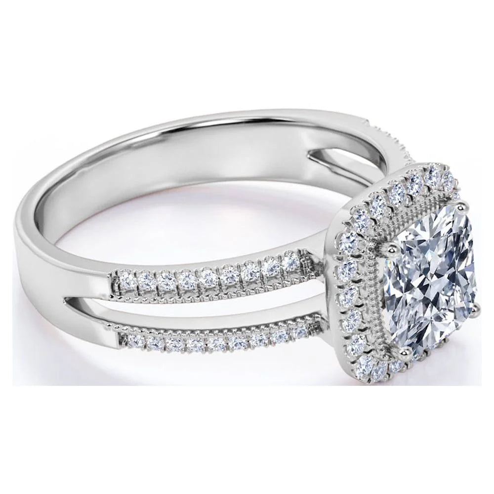 .63 Ct Cushion Cut Real Diamond - Vintage Style - Engagement Ring - Split Shank - Halo Ring - 10K White Gold